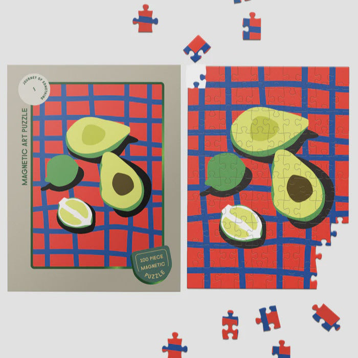Avocado-themed puzzle with missing pieces on a green background