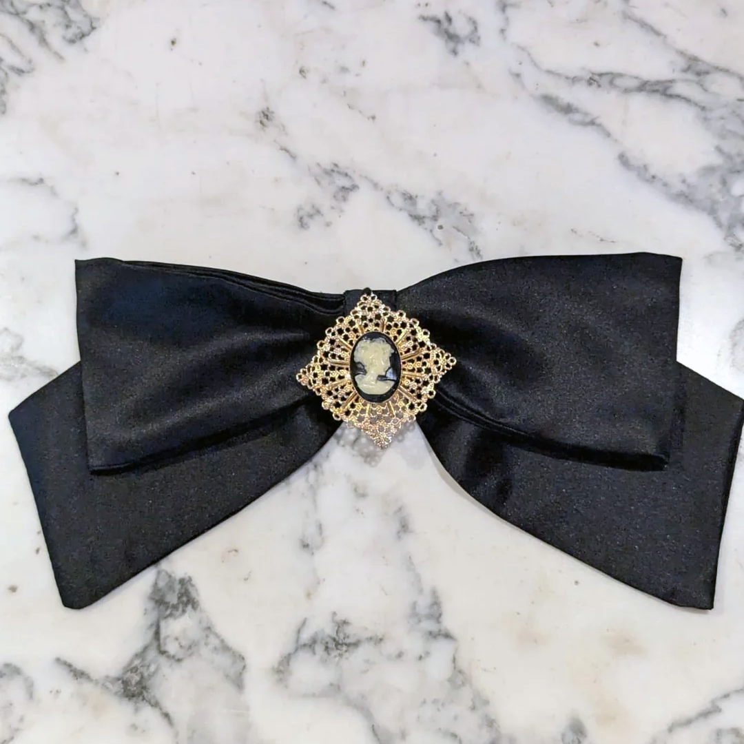 Camée Royale – Black Satin Bow with Ornate Cameo Brooch