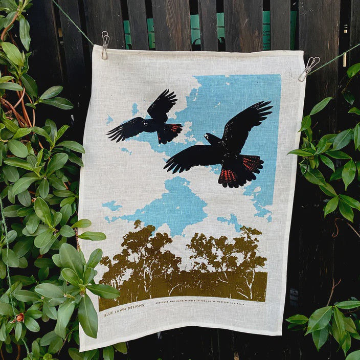 Blue Lawn Designs Tea-Towel Black Cockatoos in Flight