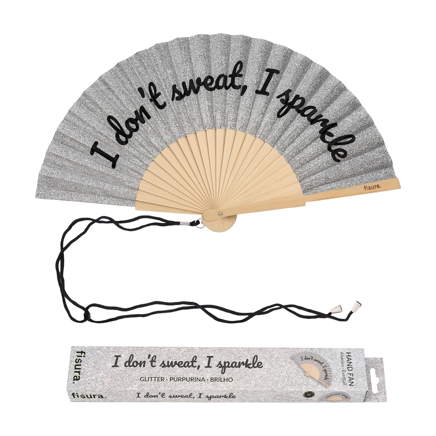 Fisura Hand Fan - Silver Glitter 'I Don't Sweat I Sparkle'