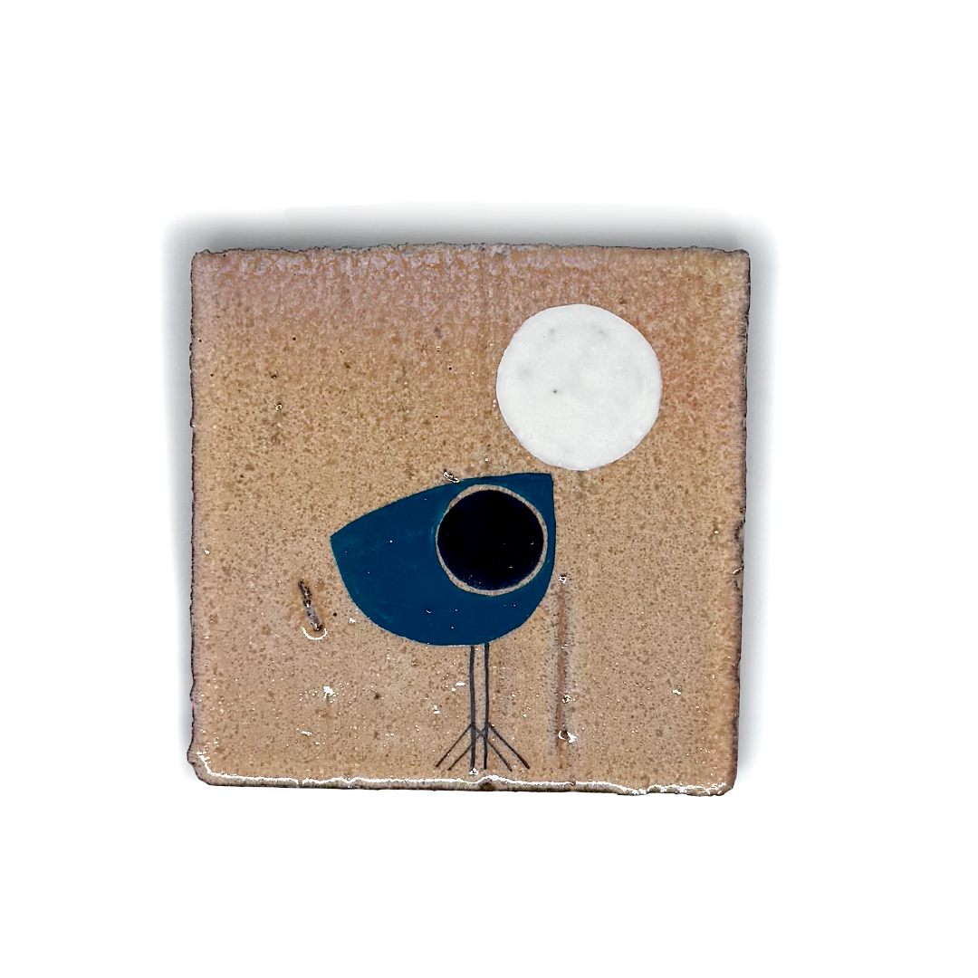 Klopper Single Bird with Moon Hand Painted Tile - Teal