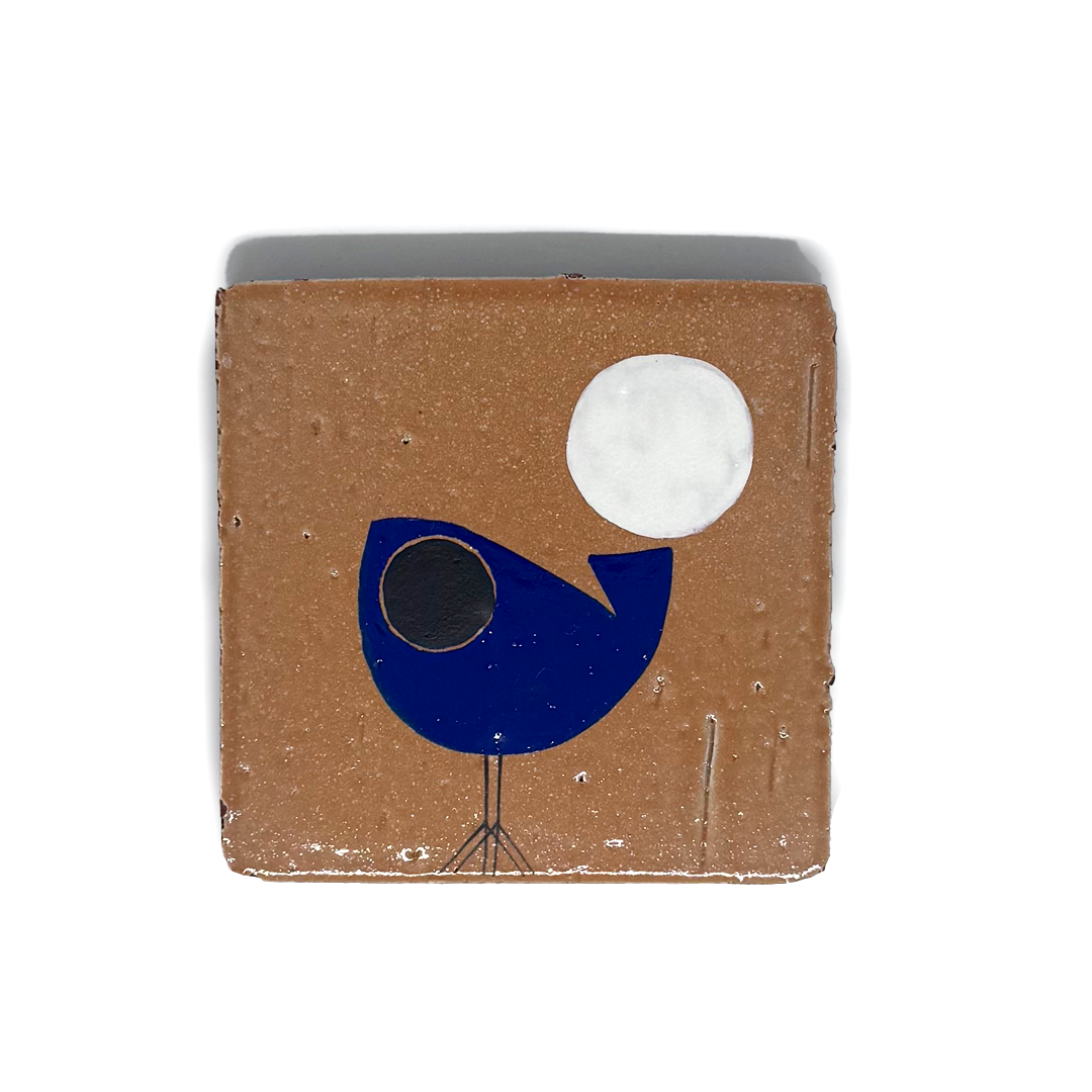 Klopper Single Bird with Moon Hand Painted Tile - Blue
