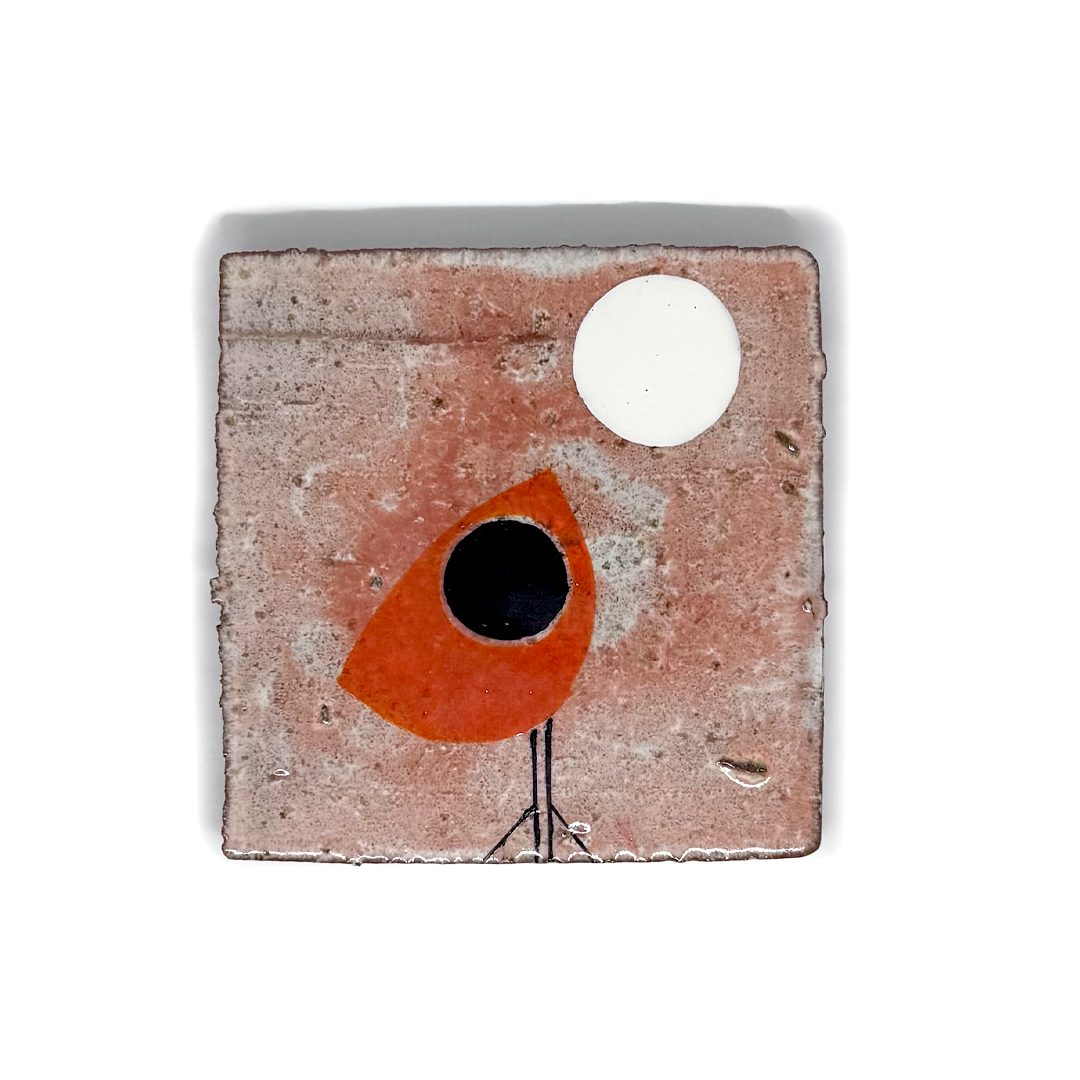 Klopper Single Bird with Moon Hand Painted Tile - Orange