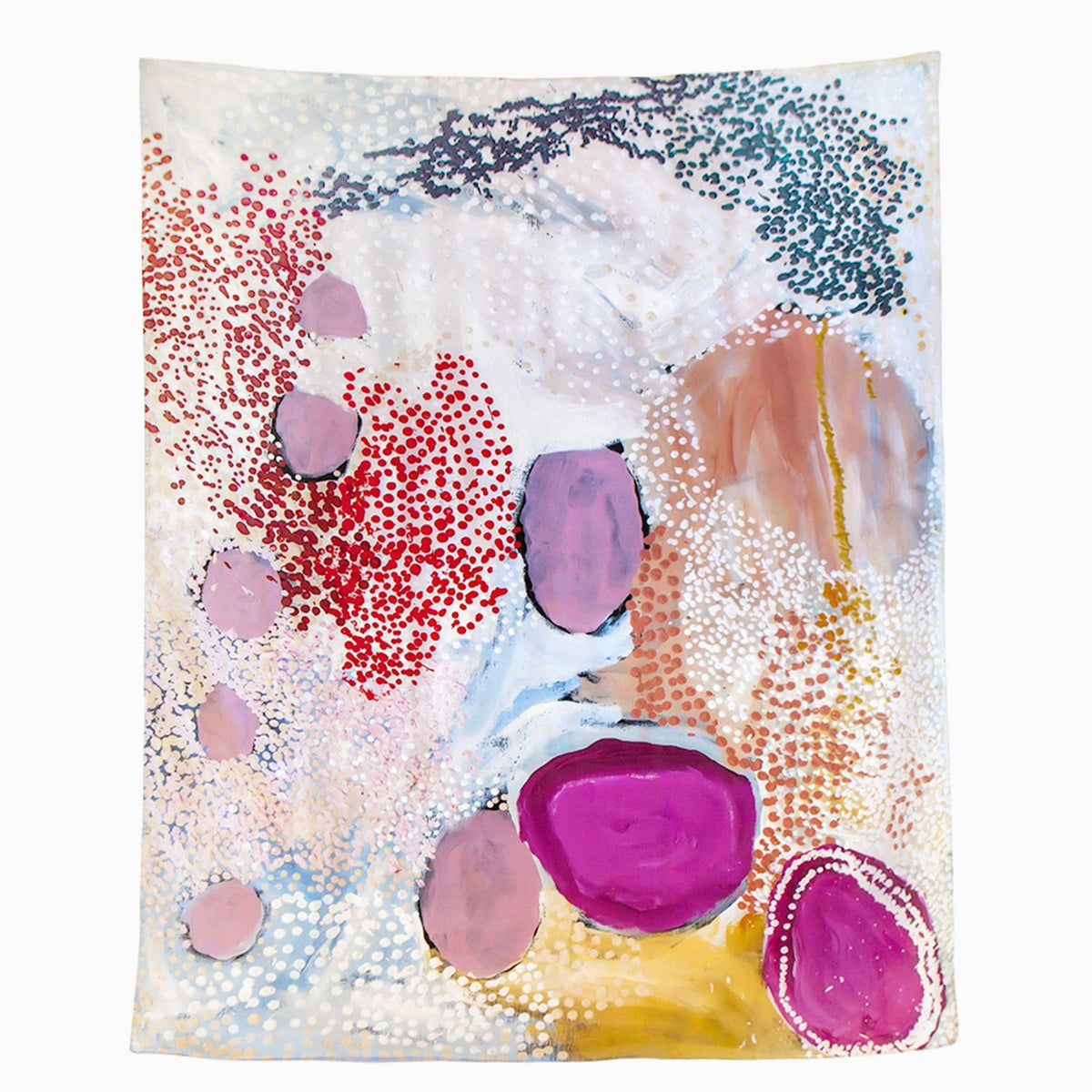 The One of Twelve Wilarra Silk Scarf by Mulyatingki Marney showcases earthy-toned patterns inspired by the Wilarra landscape in Western Australia. Recently, it gained global attention when French survivor Gisèle Pelicot wore it in court, symbolizing healing and solidarity. Gifted by Australia’s Older Women’s Network, the scarf connected her with the Martu community. Widely covered in the media, it highlights Indigenous artistry’s power in storytelling, resilience, and cultural unity.